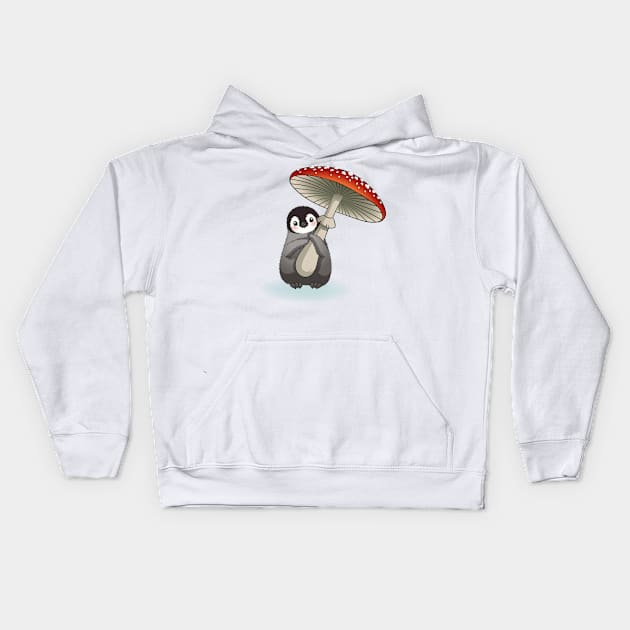 Happy emperor penguin chick with mushroom Kids Hoodie by tomodaging